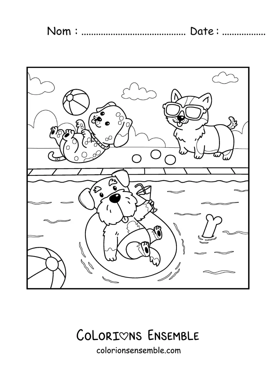 Coloriage de chiens rigolos à une fête au bord de la piscine