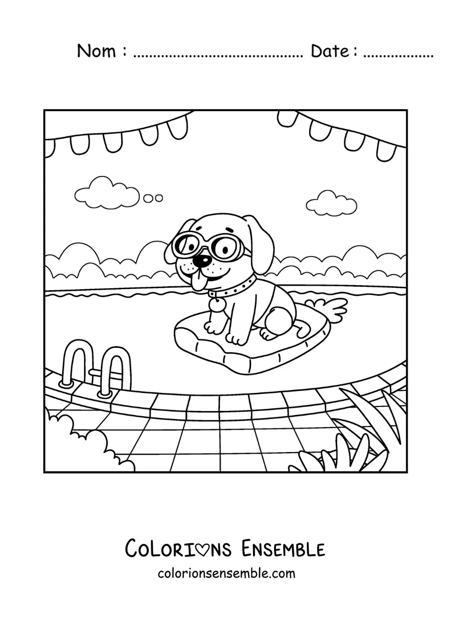Coloriage d'un chien rigolo avec une bouée et des lunettes dans une piscine