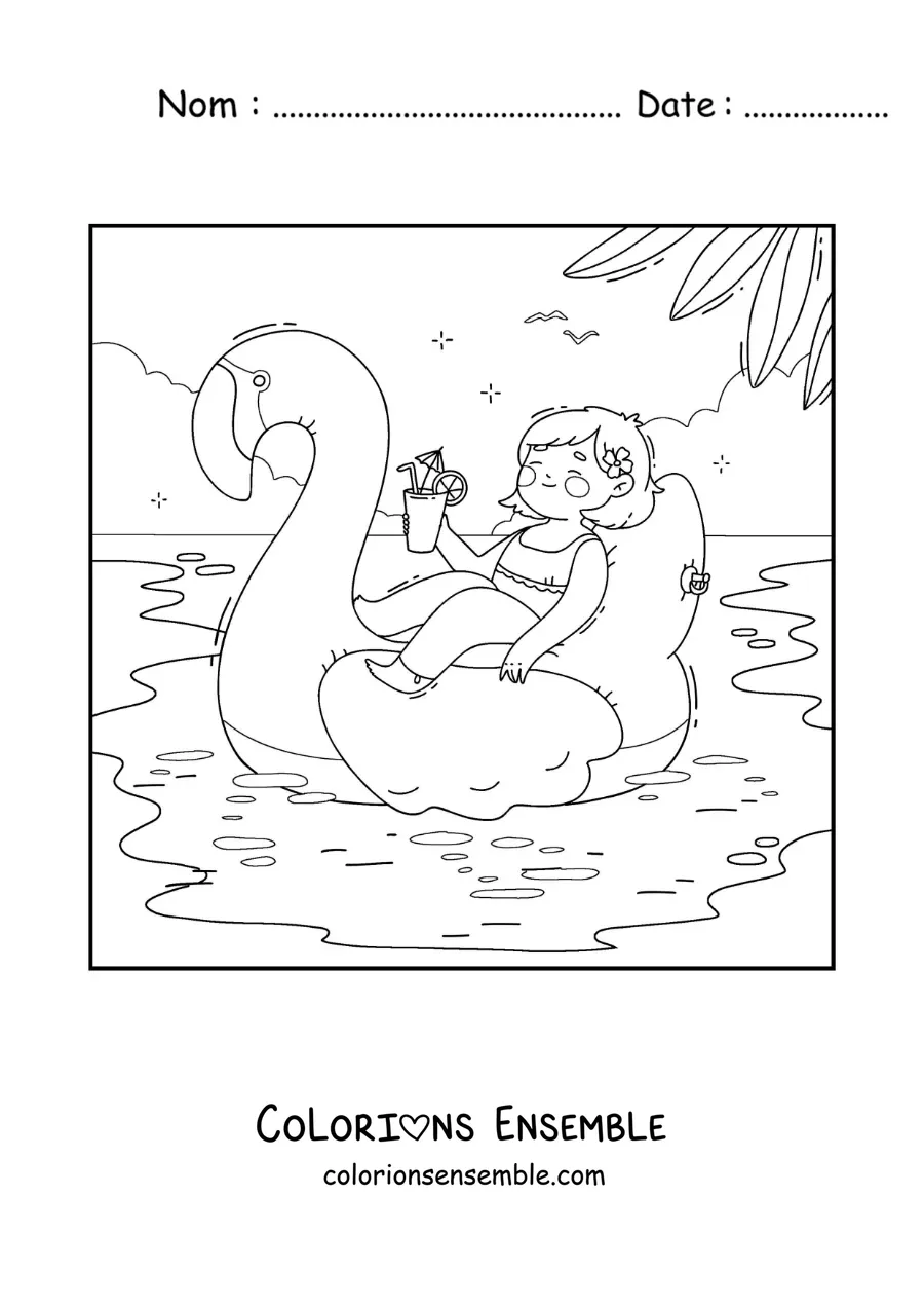 Coloriage d'une fille en vacances sur une bouée flamant rose dans la piscine