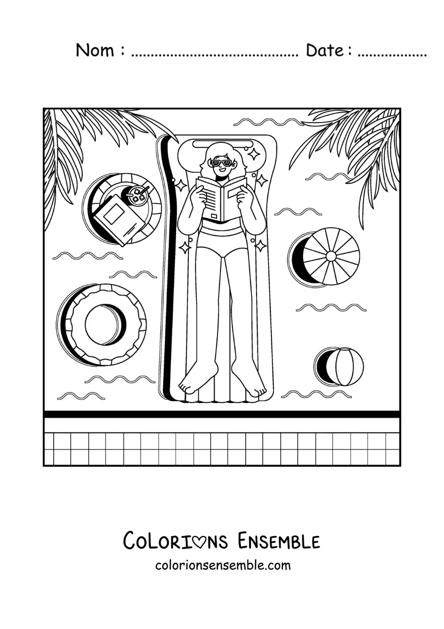 Coloriage d'une fille en vacances qui lit au bord d'une piscine