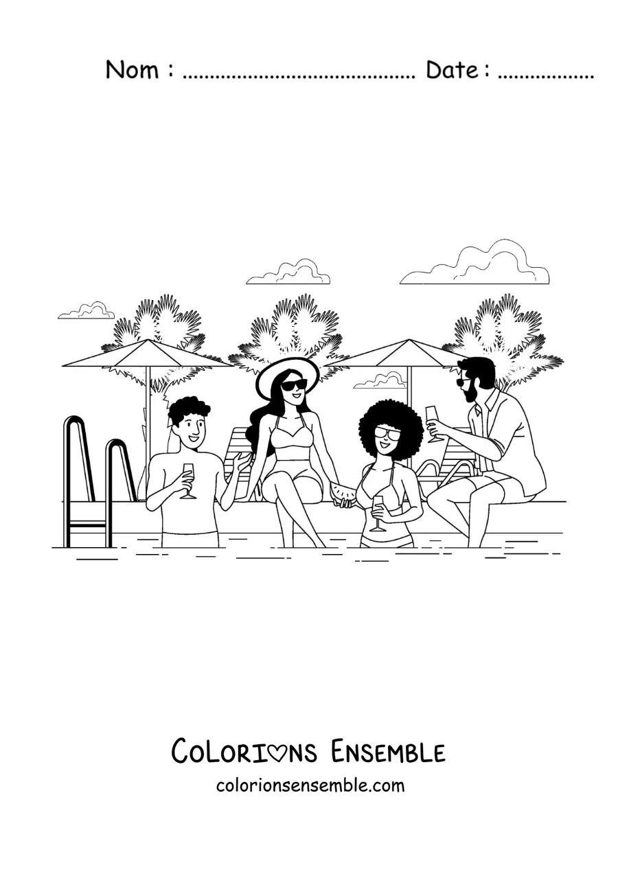 Coloriage d'un groupe d'amis adultes à une fête d'été au bord de la piscine