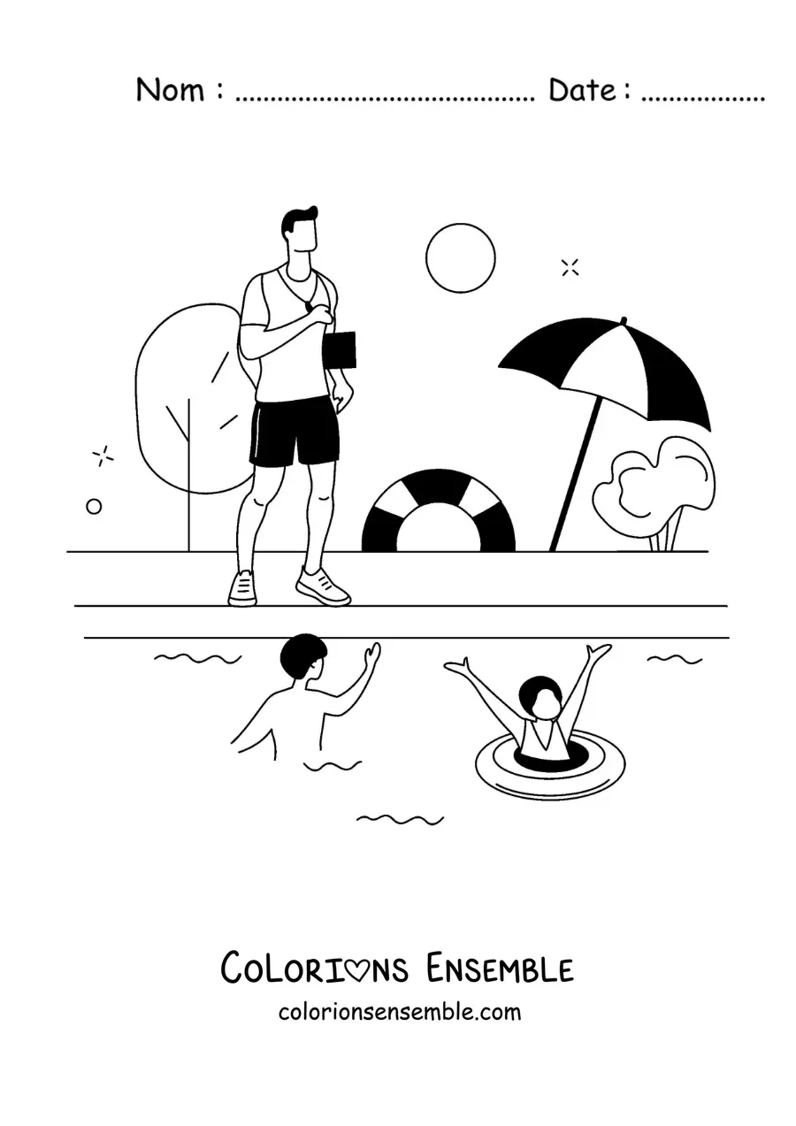 Coloriage d'une piscine municipale avec son maître-nageur