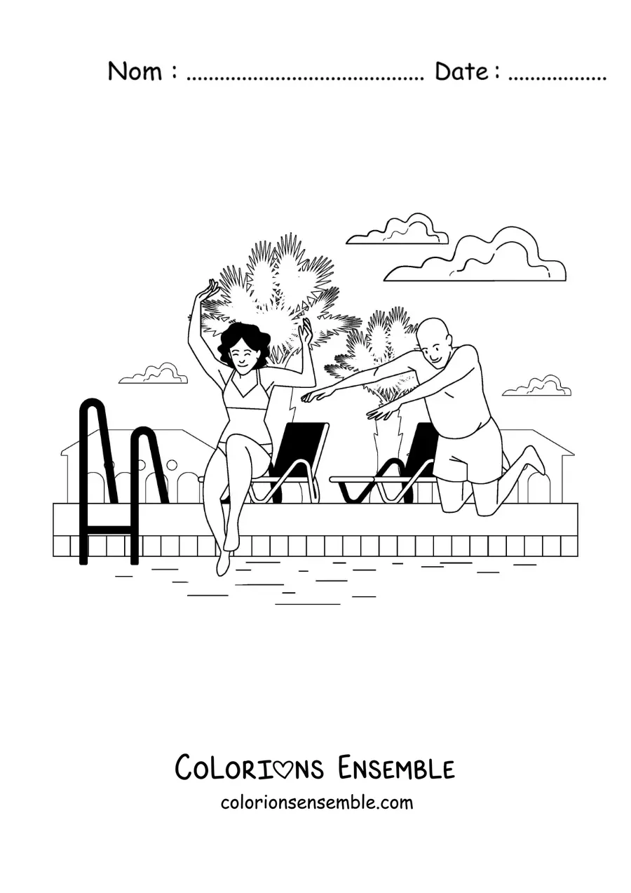 Coloriage d'une fille et d'un homme qui plongent dans l'eau d'une piscine