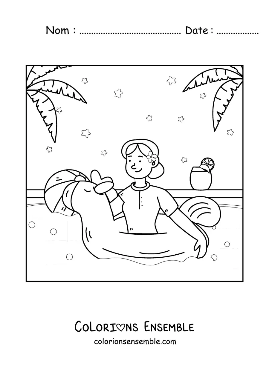 Coloriage d'une fille avec une bouée licorne dans une piscine