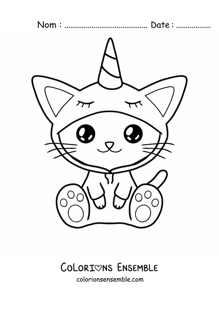 Image à colorier d’un chat kawaii déguisé en licorne