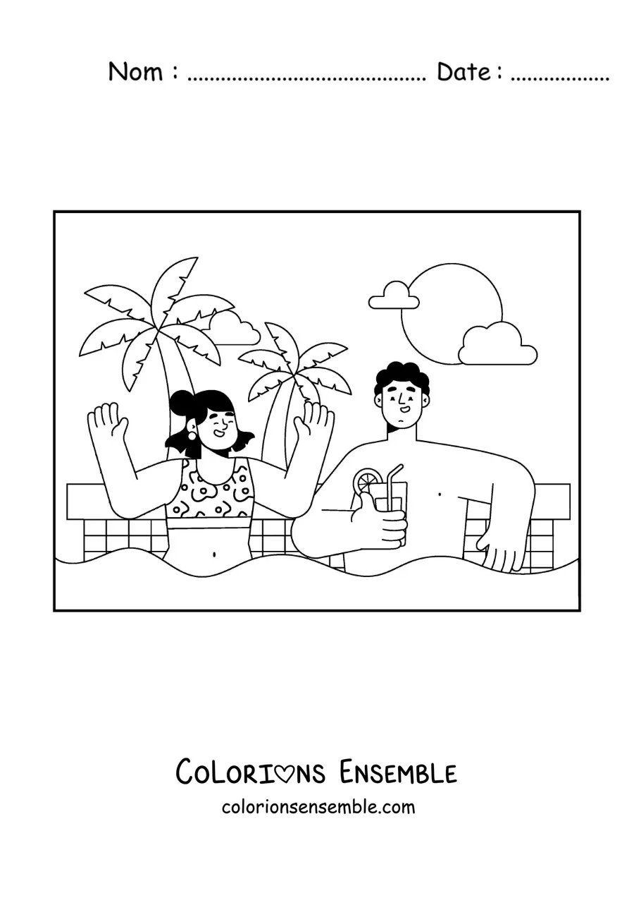Coloriage d'un jeune couple en vacances dans une piscine