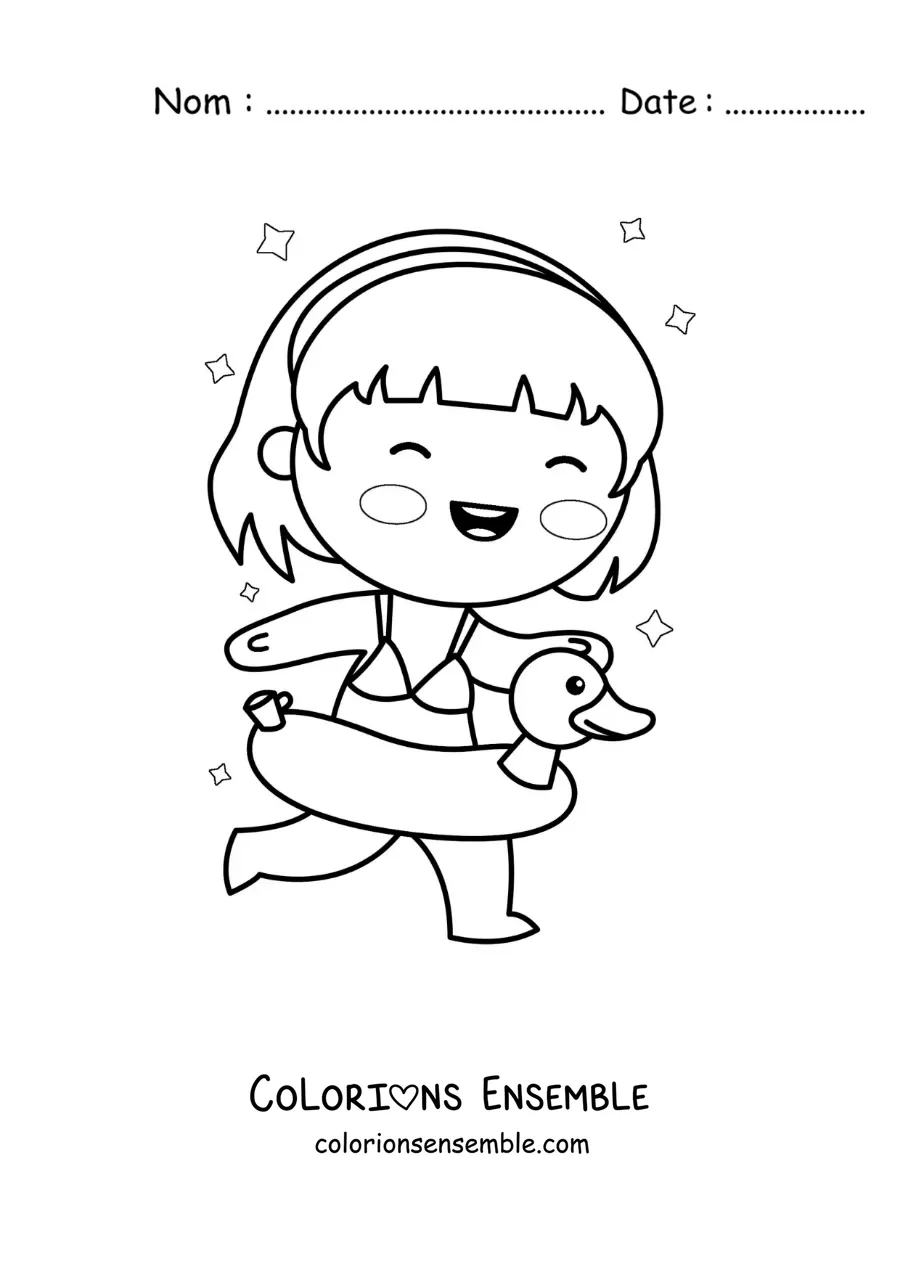 Coloriage d'une fille qui court avec une bouée canard