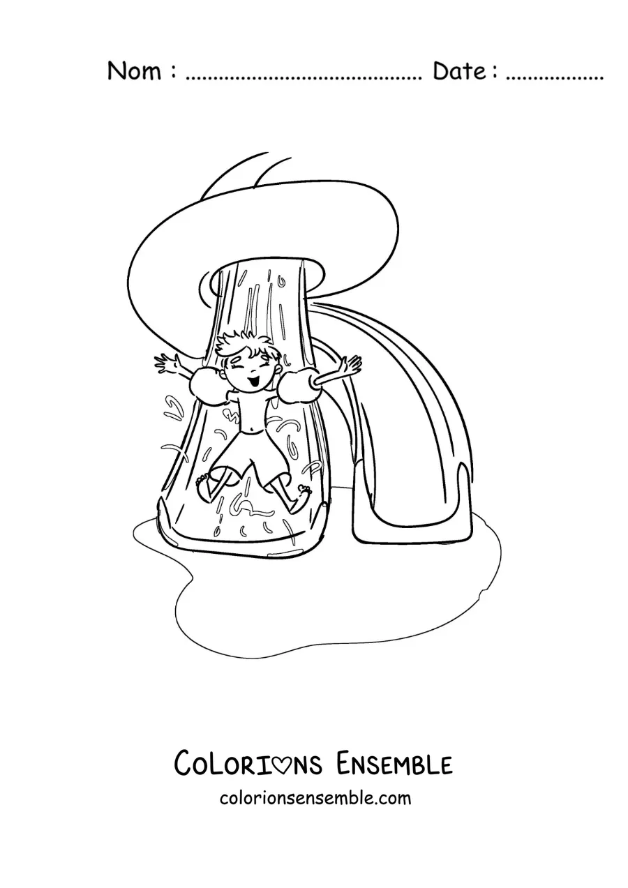 Coloriage d'un garçon avec des brassards sur un toboggan de piscine