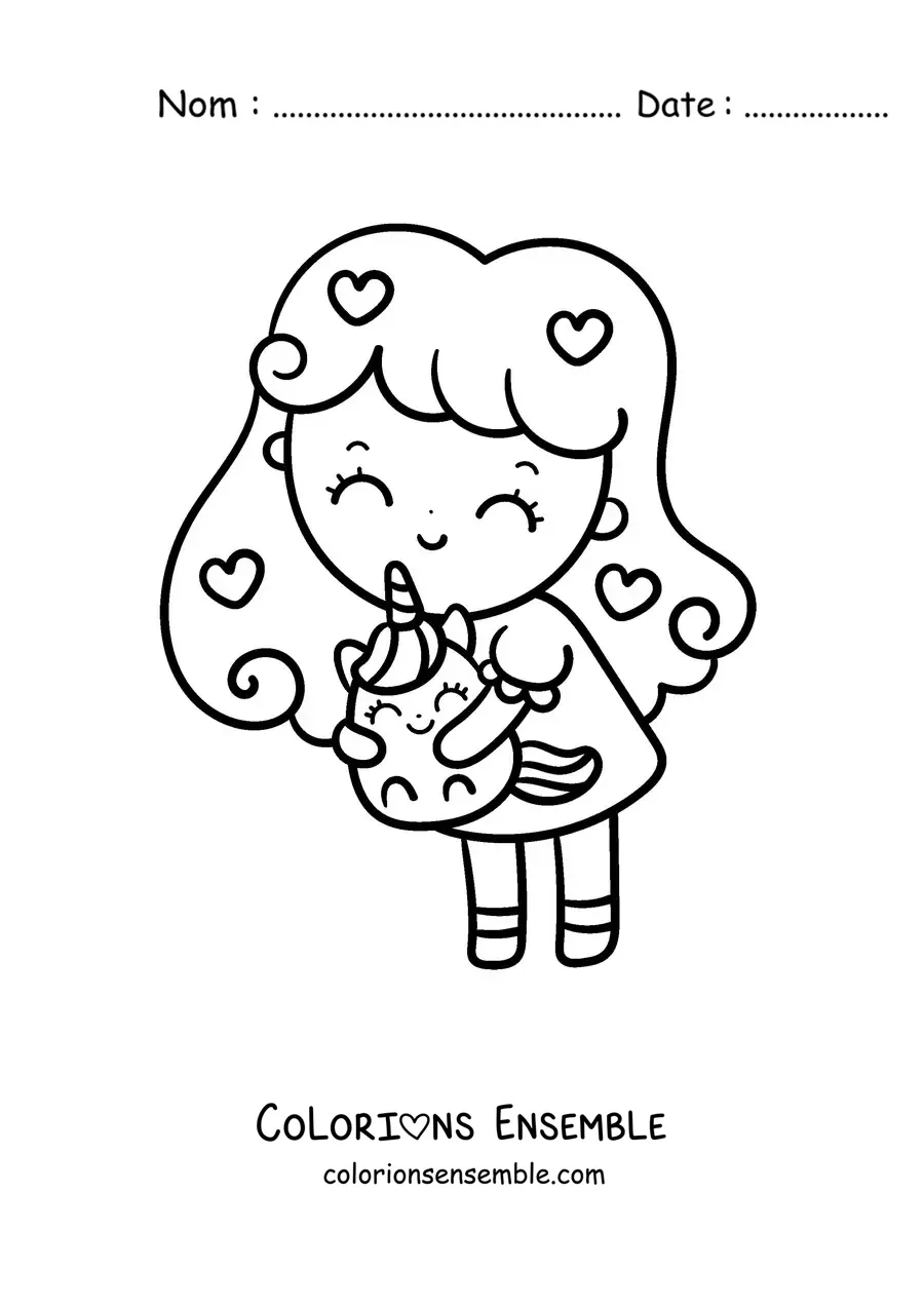 Image à colorier d'une petite fille kawaii tenant une licorne en jouet