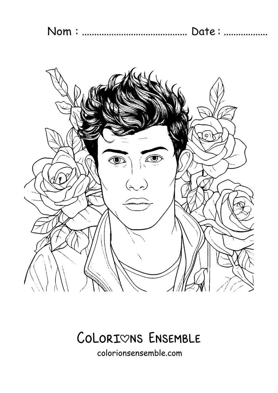 Coloriage d'un portrait de Shawn Mendes avec des fleurs