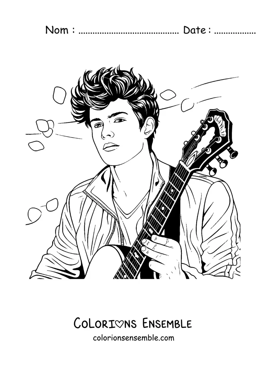 Coloriage de Shawn Mendes qui joue de la guitare avec des pétales de fleurs