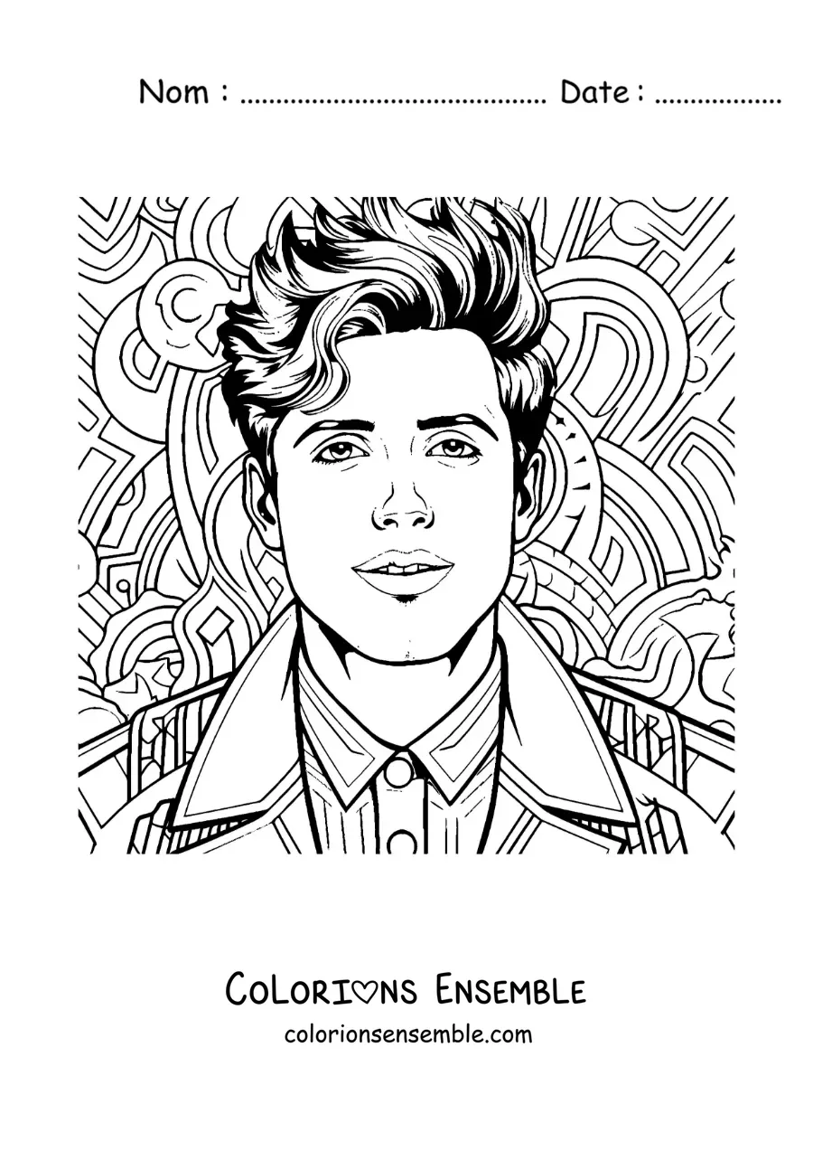 Coloriage de Sebastián Yatra en dessin animé avec un fond de doodle art