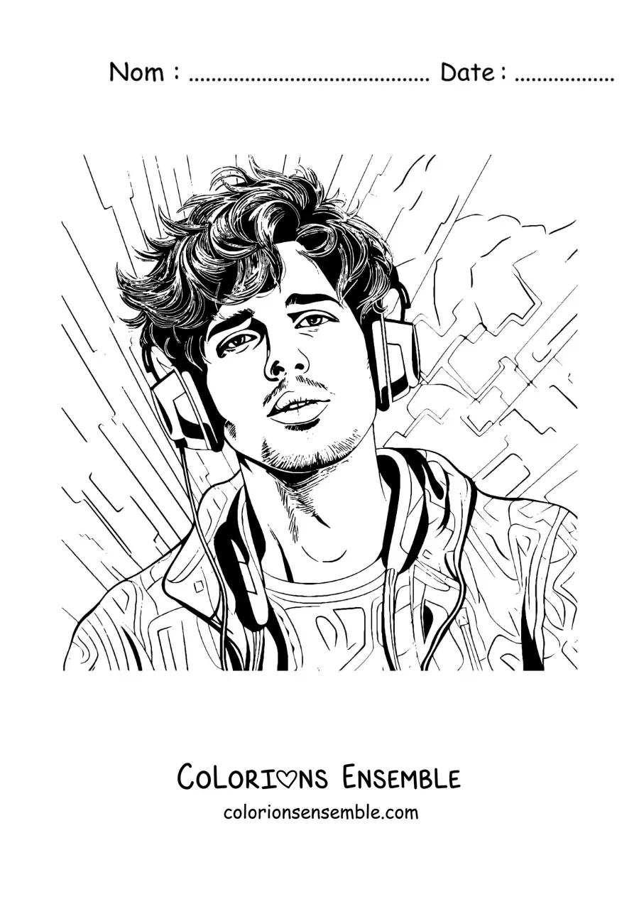 Coloriage d'un portrait de Sebastián Yatra avec un casque audio, dans un style réaliste