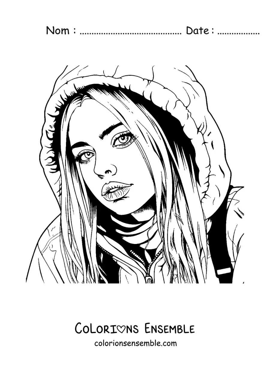 Coloriage de la chanteuse Billie Eilish dans un style réaliste