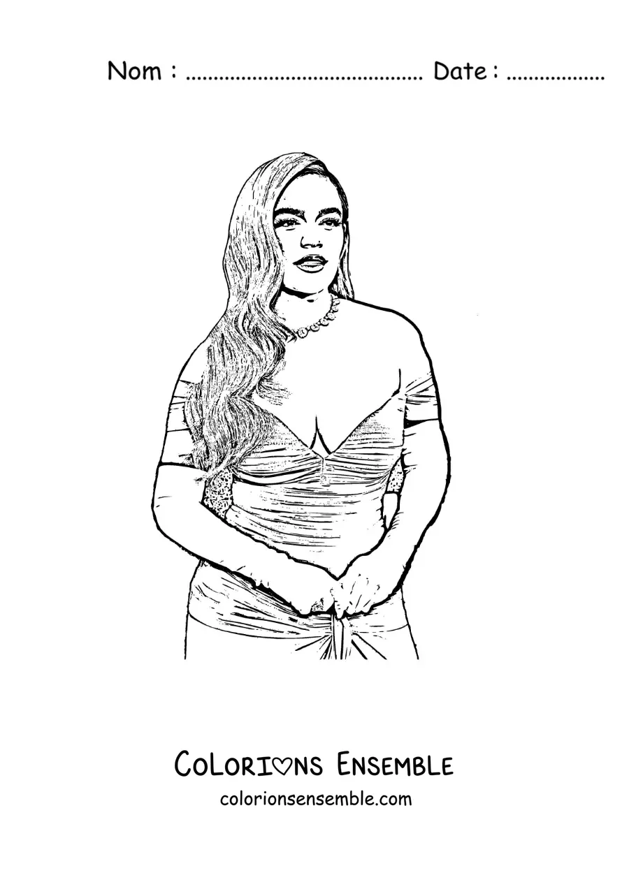 Coloriage d'un portrait au crayon de Karol G en robe