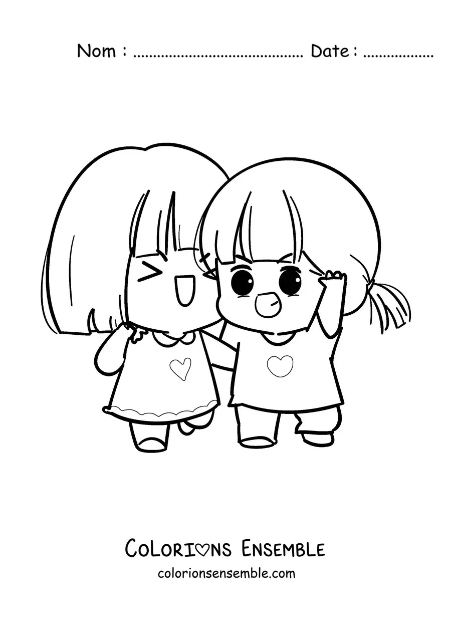 Image à colorier de deux petites filles kawaii souriantes et heureuses