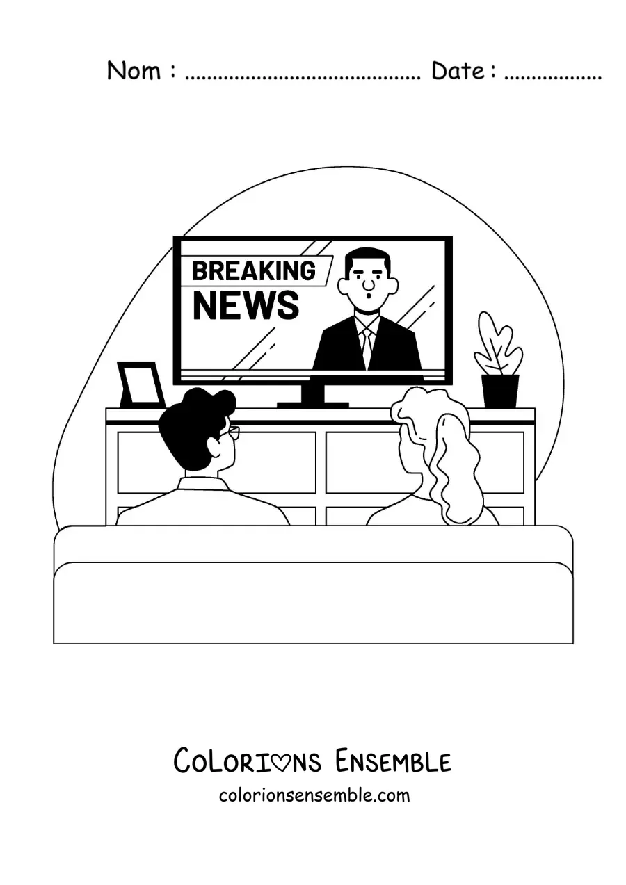 Coloriage d'une fille et d'un garçon qui regardent les informations à la télévision