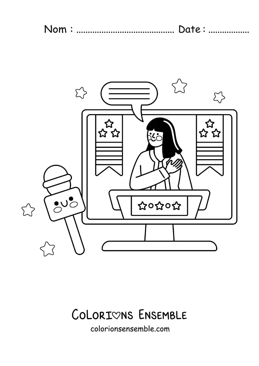 Coloriage d'un reportage d'actualité à la télévision, avec un microphone animé