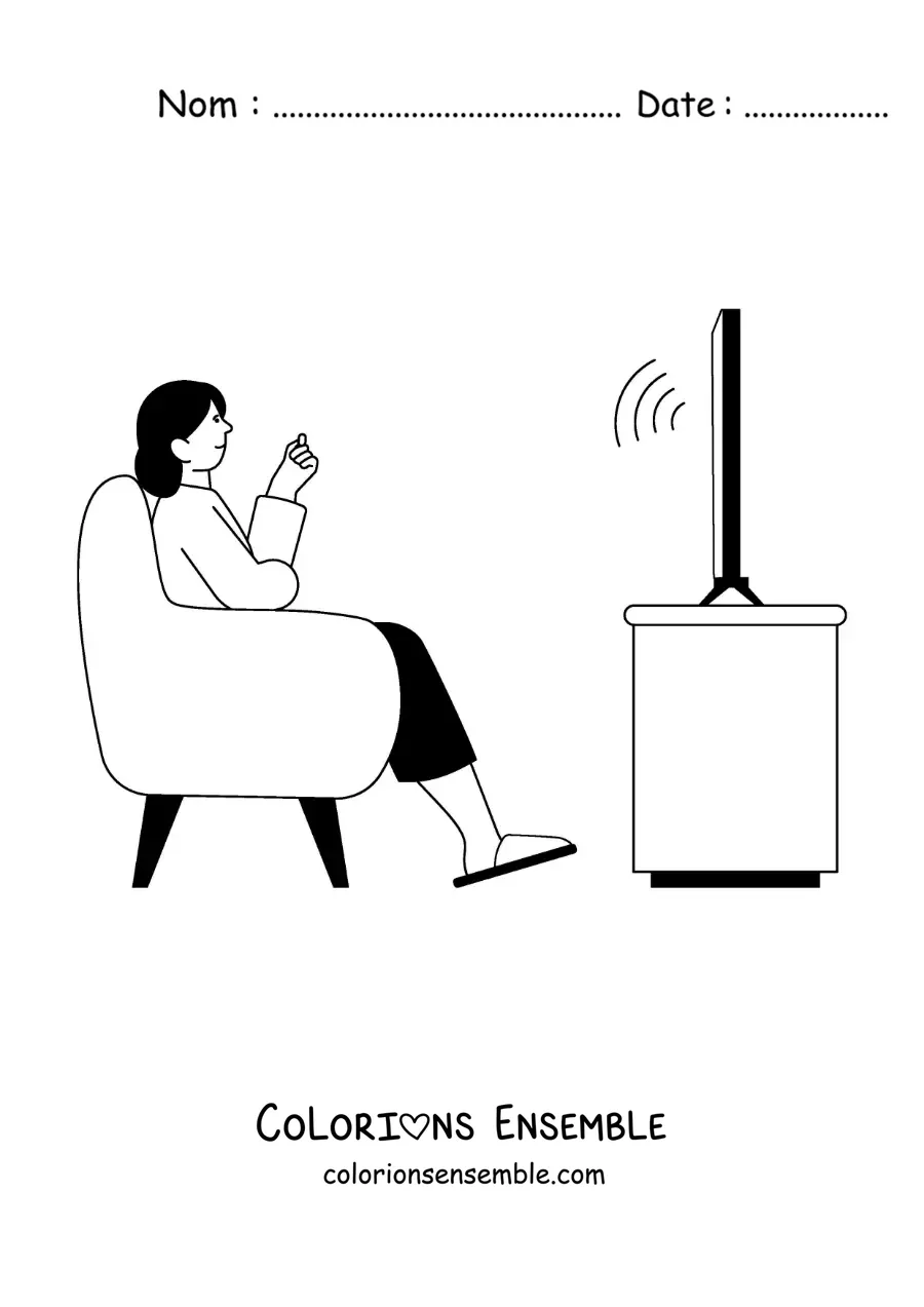 Coloriage d'une femme qui regarde une chaîne d'information sur un téléviseur