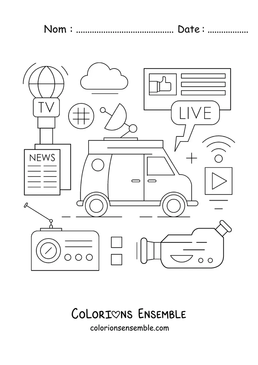 Coloriage d'un téléviseur, d'un microphone, d'une caméra et d'autres symboles de la communication