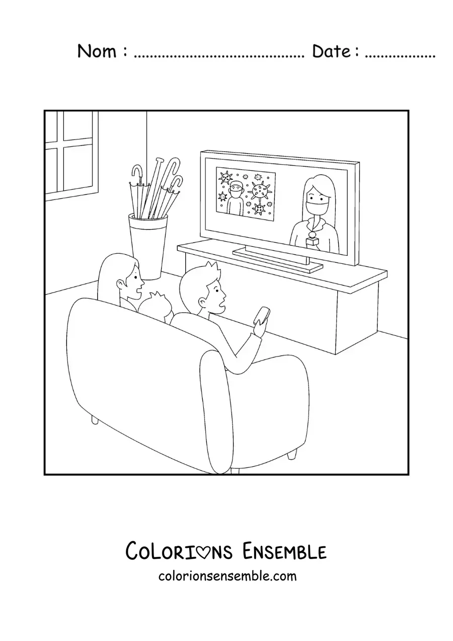 Coloriage d'une famille assise devant le téléviseur qui regarde les informations