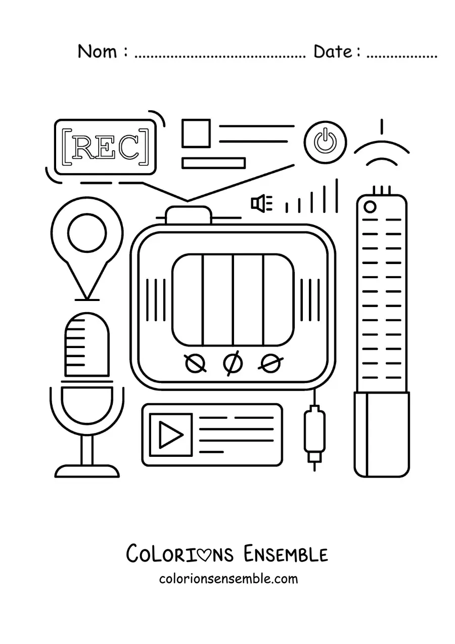 Coloriage d'un téléviseur, d'un microphone et de symboles des nouvelles technologies