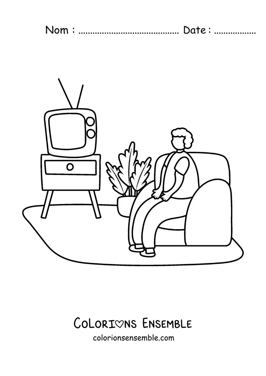Coloriage d'une personne qui regarde la télévision sur le canapé