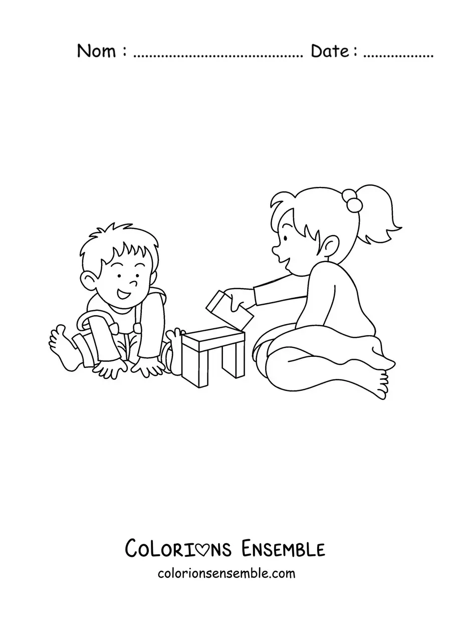 Image à colorier d'une petite fille assise jouant avec son petit frère