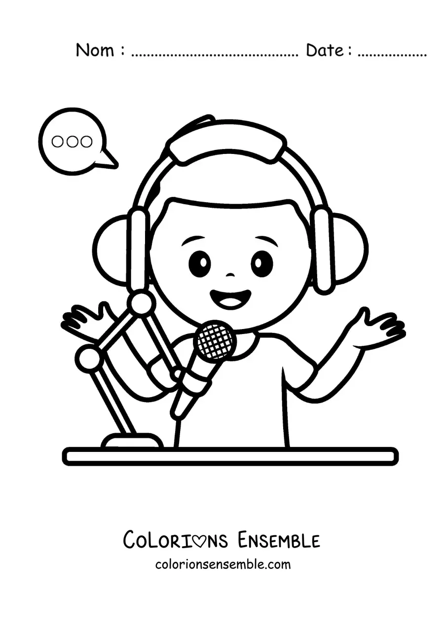 Coloriage d'un petit garçon qui parle dans une émission de la radio de son école