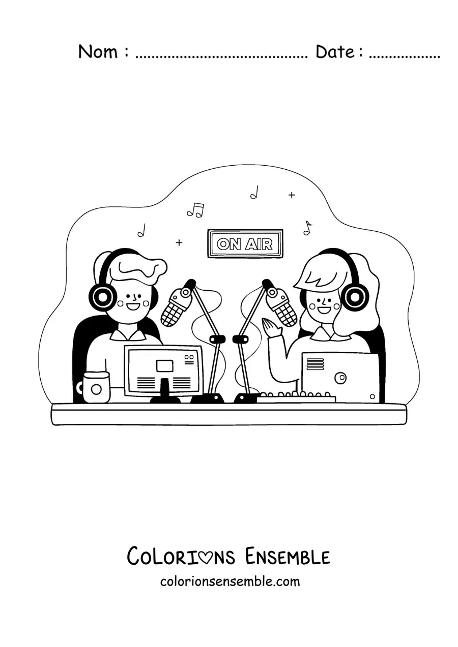 Coloriage d'une fille et d'un garçon qui enregistrent un podcast