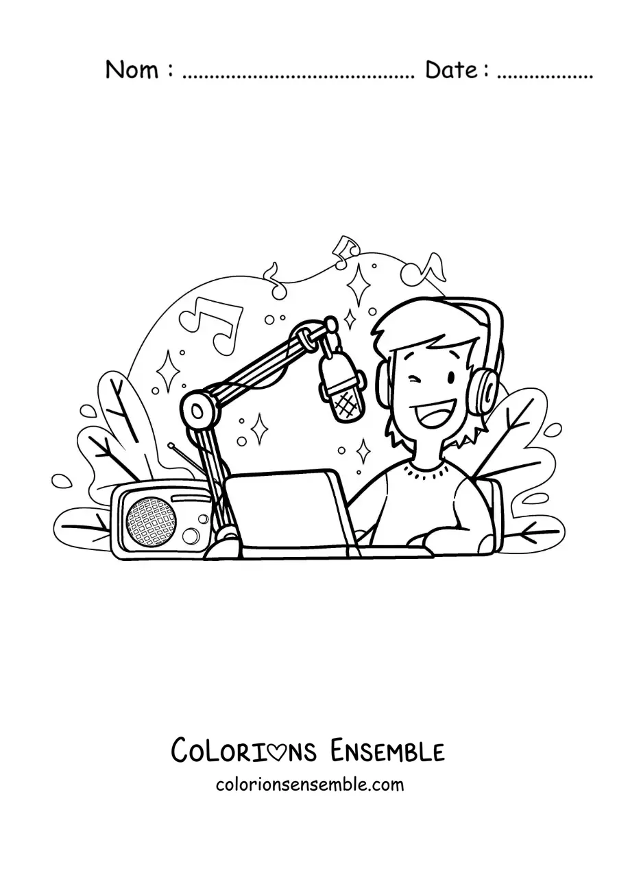 Coloriage d'un jeune garçon qui enregistre une émission de radio