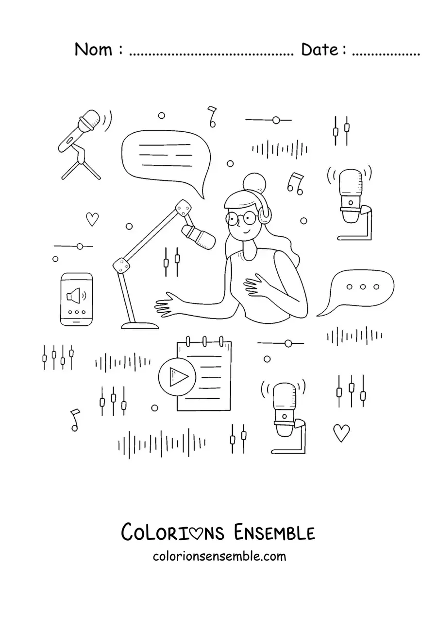 Coloriage d'une fille qui enregistre une émission de radio diffusée dans le monde entier