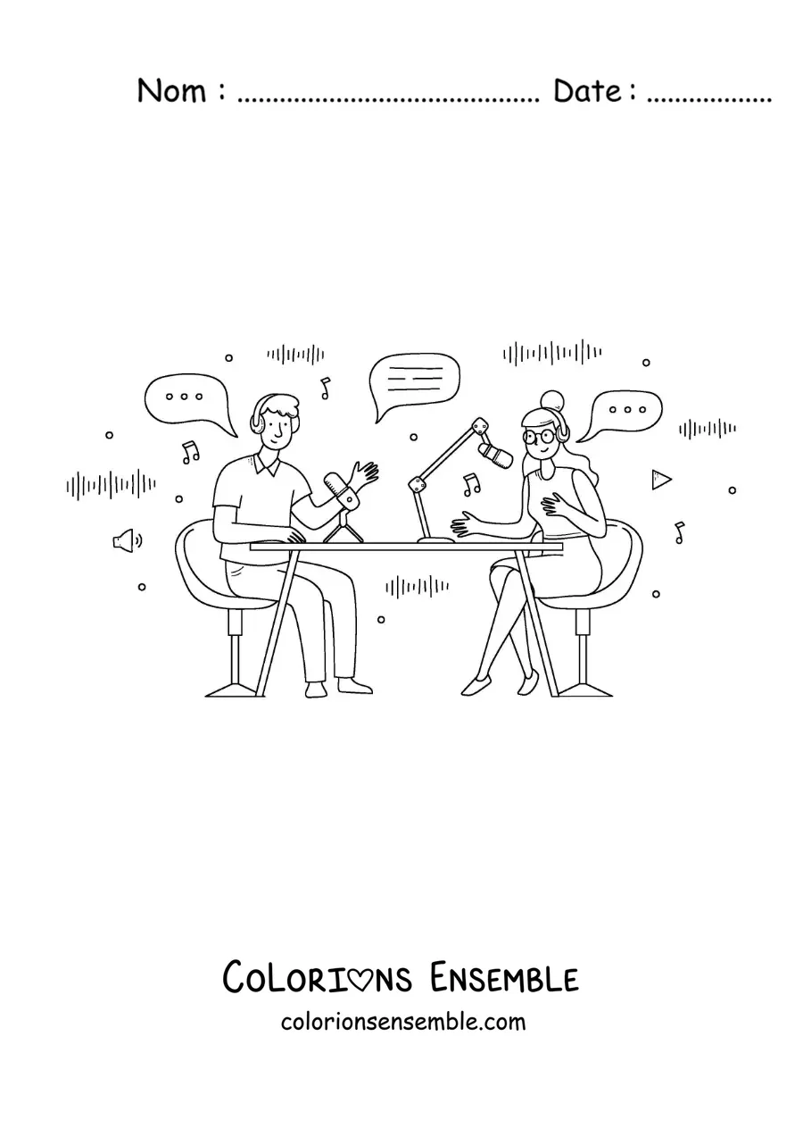 Coloriage d'un homme et d'une femme qui enregistrent un podcast