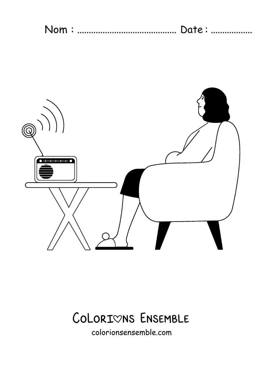 Coloriage d'une femme assise qui écoute les informations à la radio