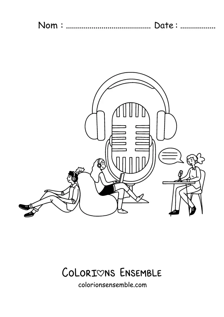 Coloriage d'un microphone de radio, avec une fille qui enregistre une émission et deux garçons assis qui l'écoutent