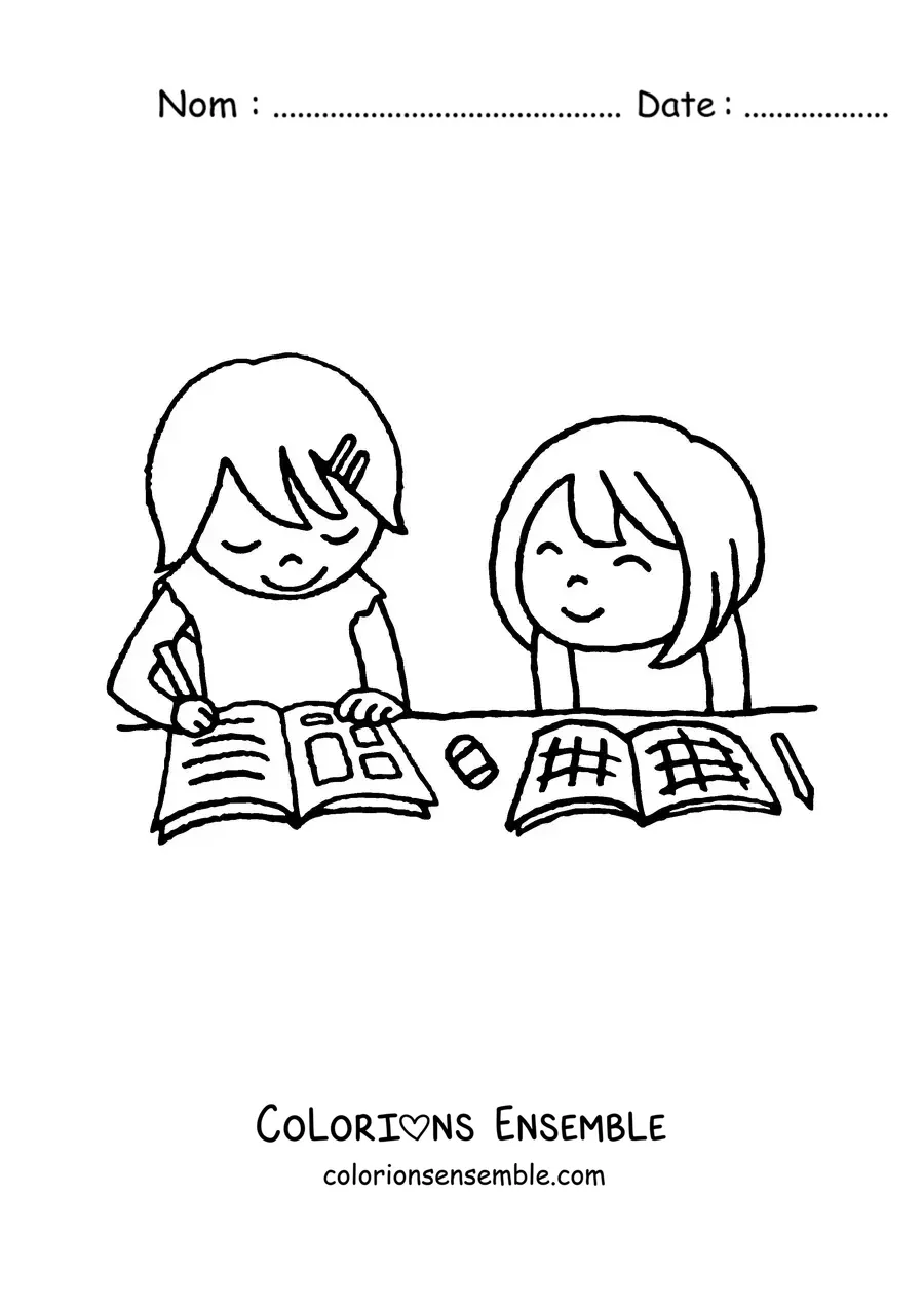 Image à colorier de deux petites filles faisant leurs devoirs scolaires