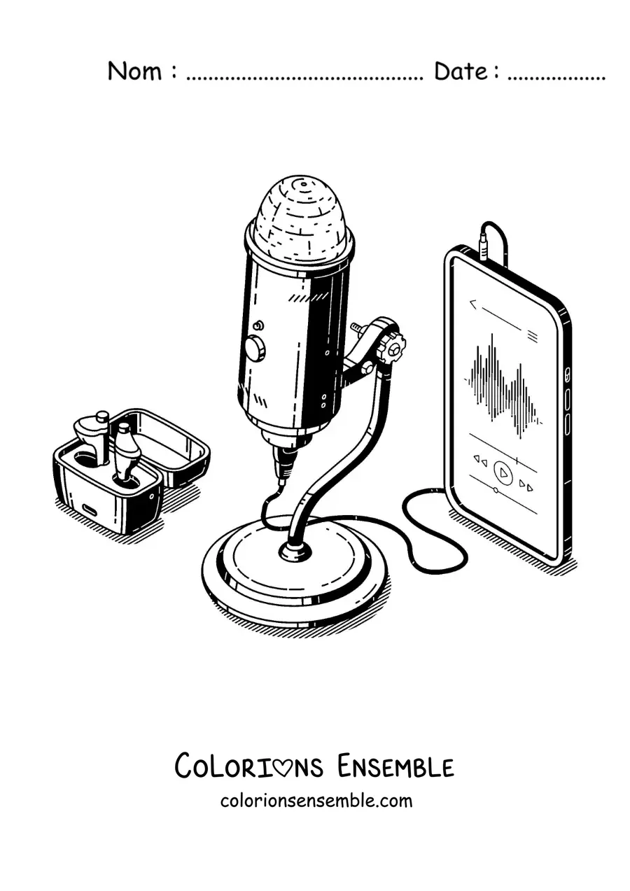 Coloriage d'un microphone relié à un téléphone qui enregistre de l'audio pour un podcast