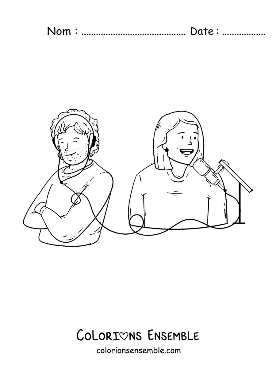 Coloriage d'une animatrice de radio et d'une personne qui l'écoute