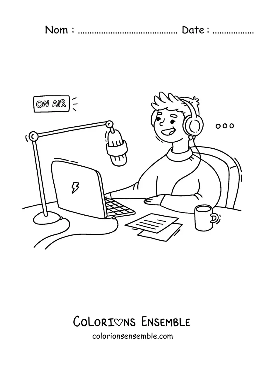Coloriage d'un jeune homme en direct qui enregistre un podcast