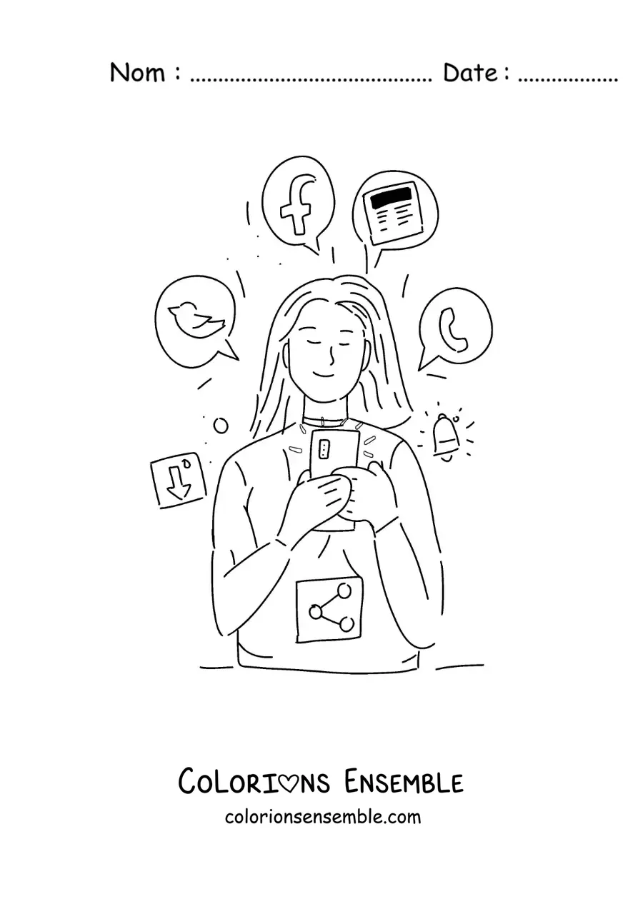 Coloriage d'une fille qui regarde les réseaux sociaux sur son téléphone