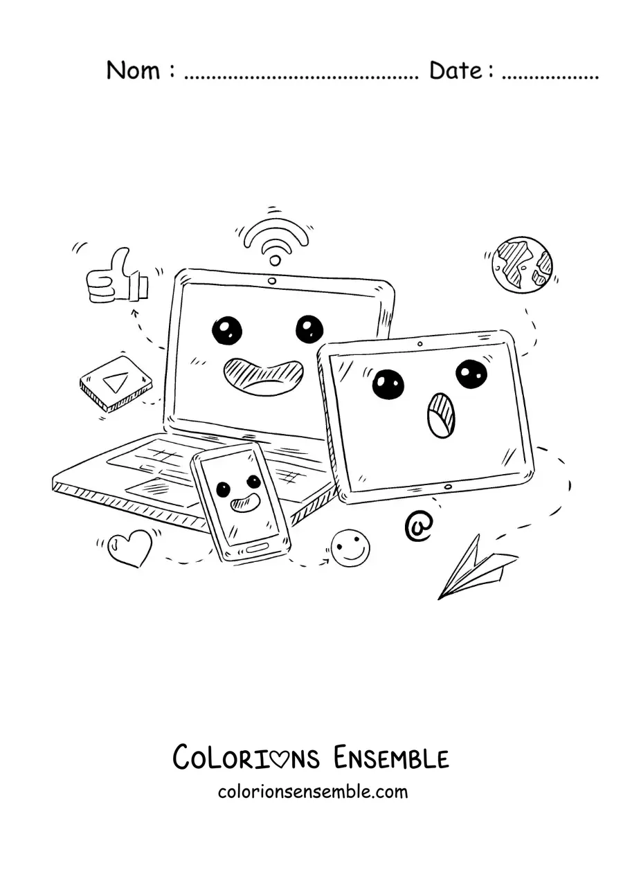Coloriage d'un ordinateur portable, d'un téléphone et d'une tablette kawaii connectés à internet