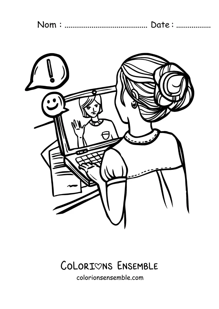 Coloriage d'une petite fille en visioconférence depuis son ordinateur portable