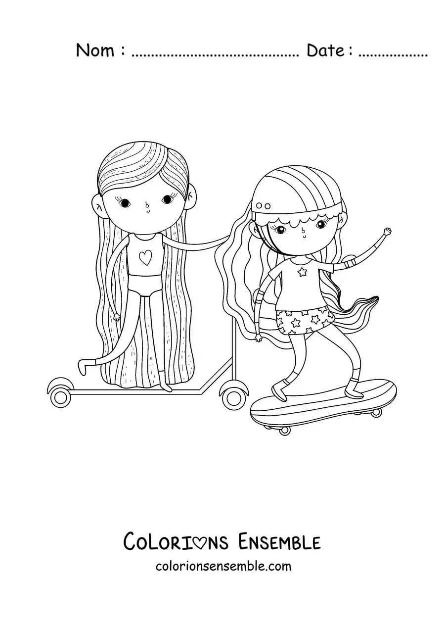 Image à colorier de deux petites filles en patins faisant de l'exercice