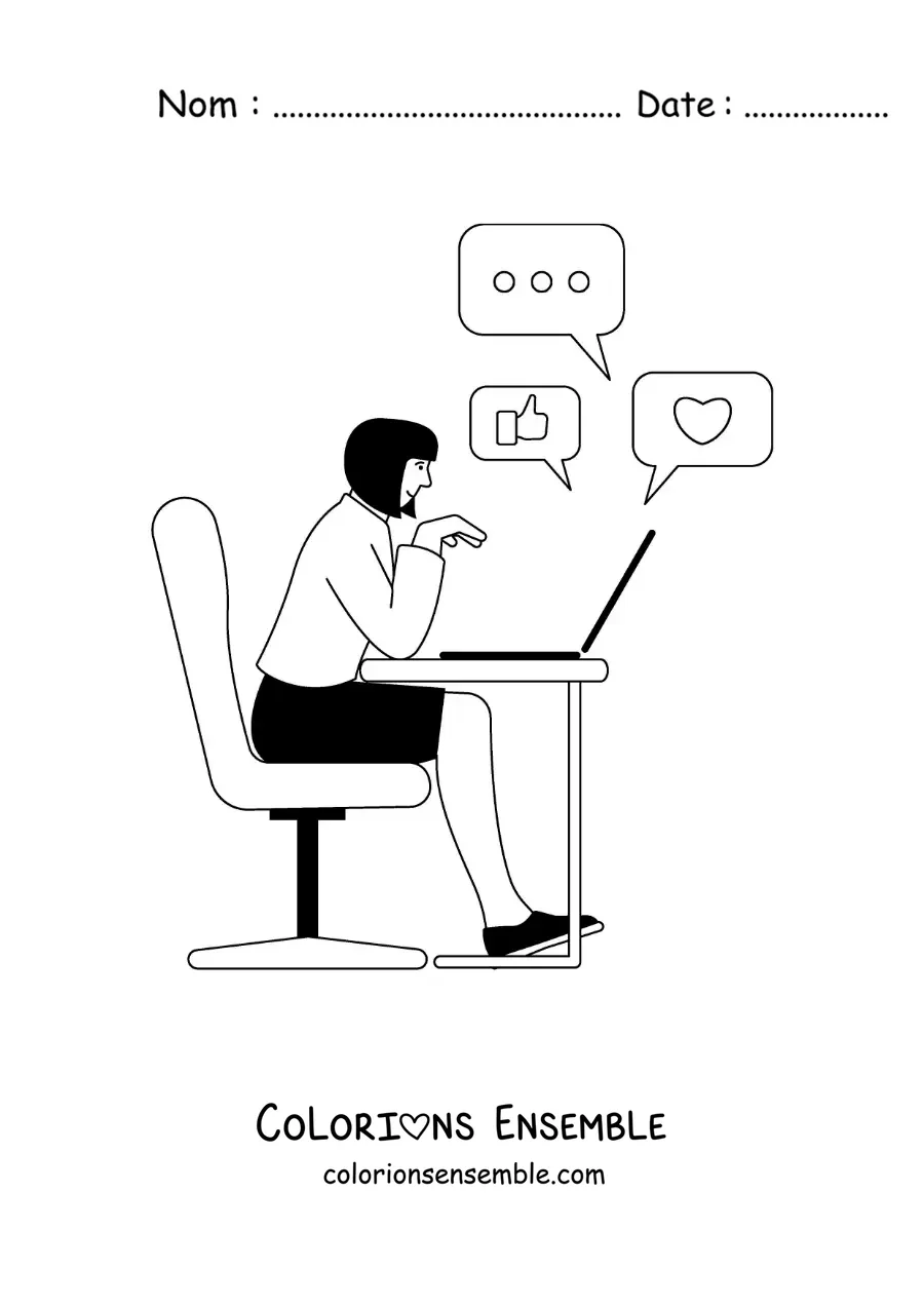 Coloriage d'une femme connectée aux réseaux sociaux sur son ordinateur portable