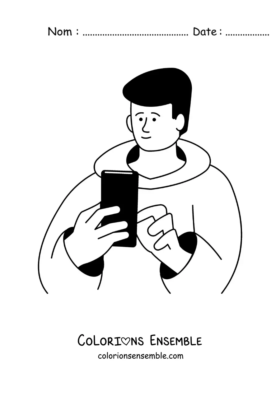 Coloriage d'un petit garçon connecté aux réseaux sociaux sur son portable