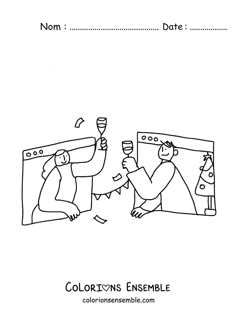 Coloriage de deux personnages qui communiquent à distance par visioconférence