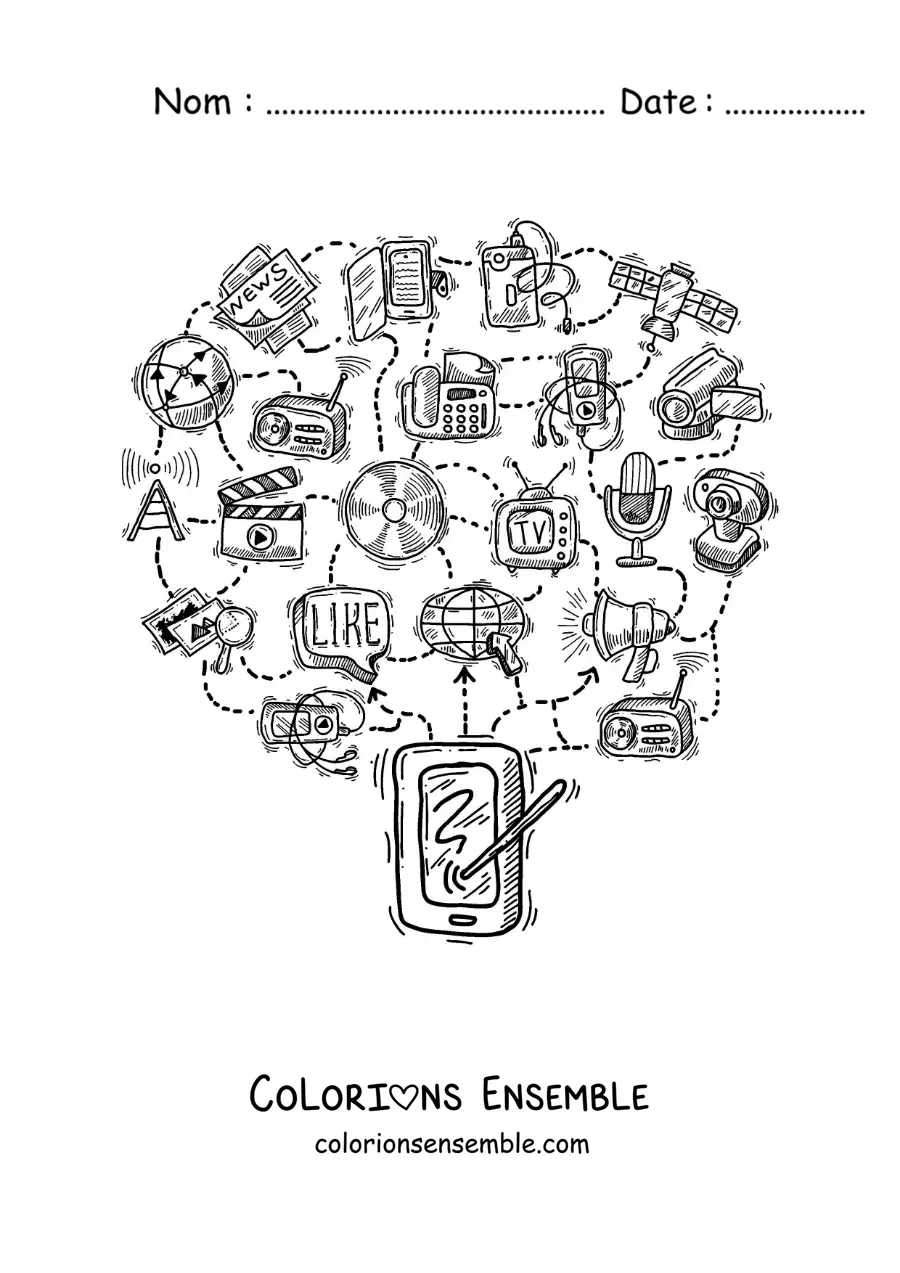 Coloriage d'un smartphone connecté aux réseaux sociaux