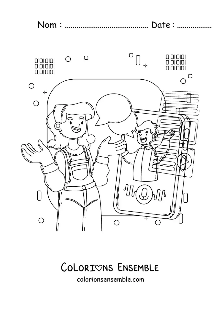 Coloriage d'une fille et d'un garçon qui discutent par visioconférence sur le téléphone
