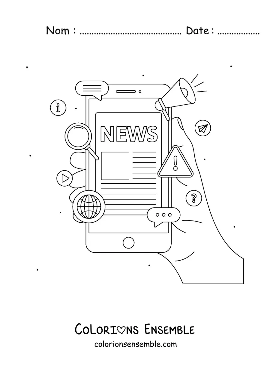 Coloriage d'une main qui tient un téléphone affichant des nouvelles à l'écran
