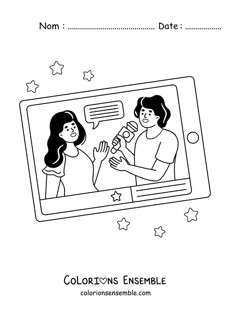 Coloriage d'une interview journalistique sur l'écran d'une tablette